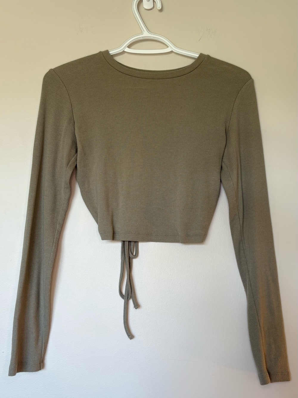 Dynamite Olive Ribbed Long Sleeve Drawstring Crop Top - Picture 3 of 4